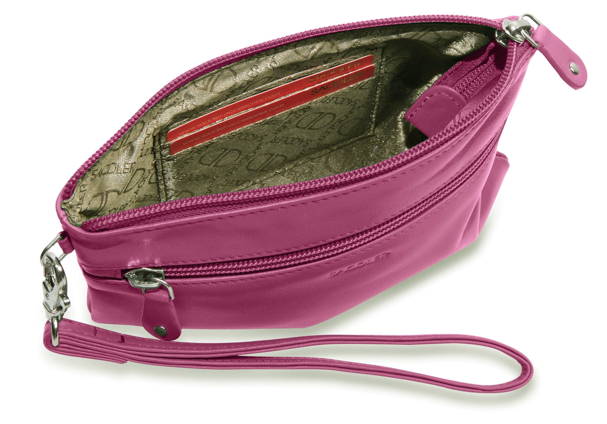 SADDLER SCARLETT Leather Zip Top Mini Clutch, Phone Holder with Detachable Wrist Strap, RFID Protected