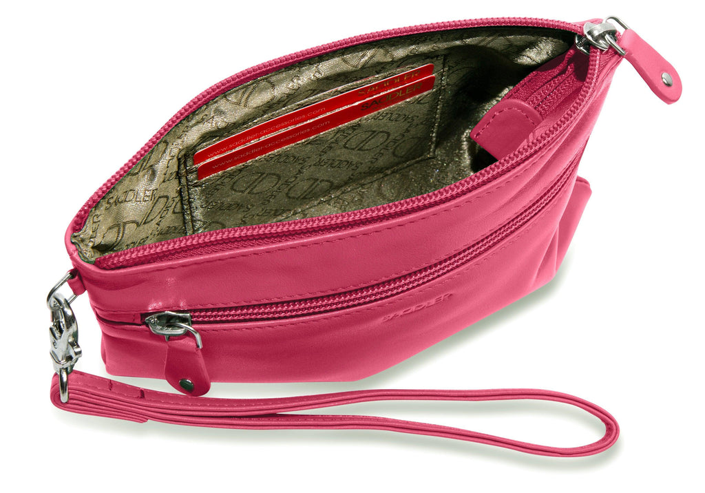 SADDLER SCARLETT Leather Zip Top Mini Clutch, Phone Holder with Detachable Wrist Strap, RFID Protected