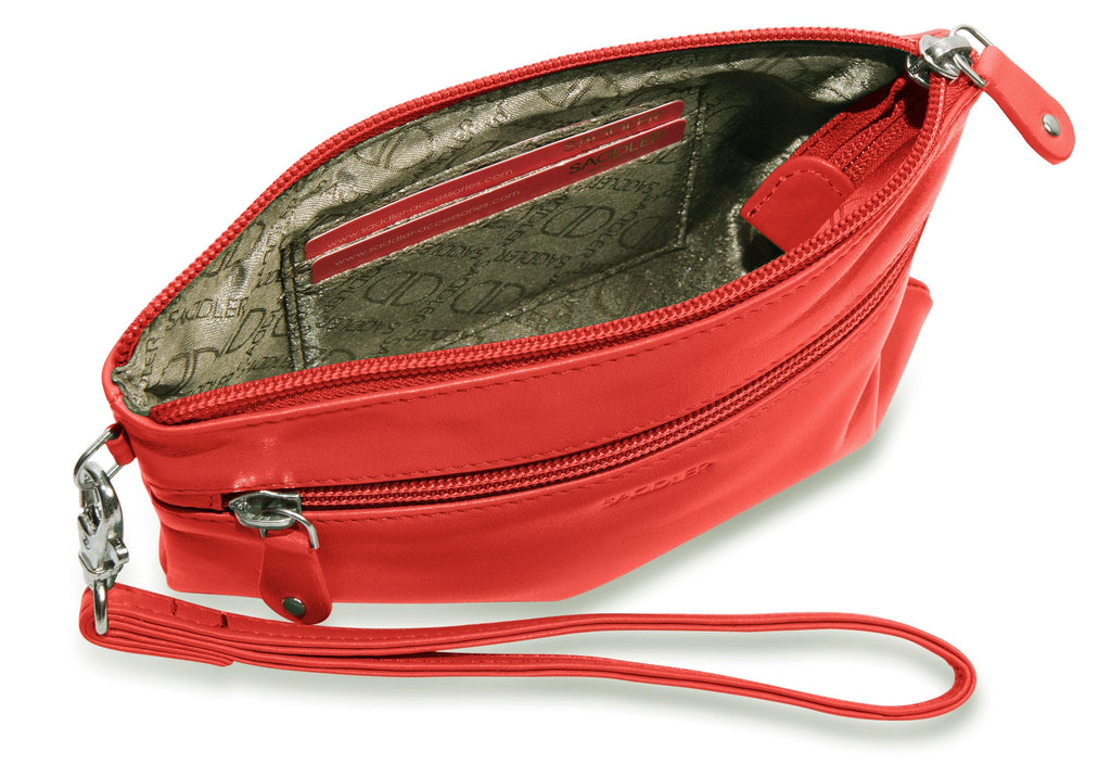 SADDLER SCARLETT Leather Zip Top Mini Clutch, Phone Holder with Detachable Wrist Strap, RFID Protected