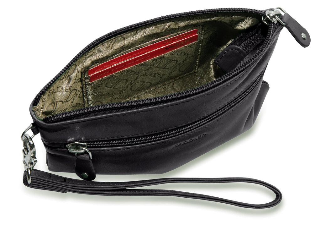 SADDLER SCARLETT Leather Zip Top Mini Clutch, Phone Holder with Detachable Wrist Strap, RFID Protected