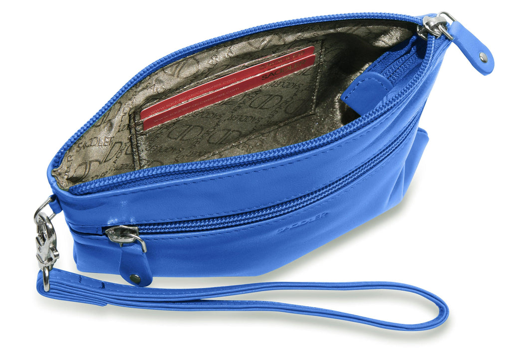 SADDLER SCARLETT Leather Zip Top Mini Clutch, Phone Holder with Detachable Wrist Strap, RFID Protected