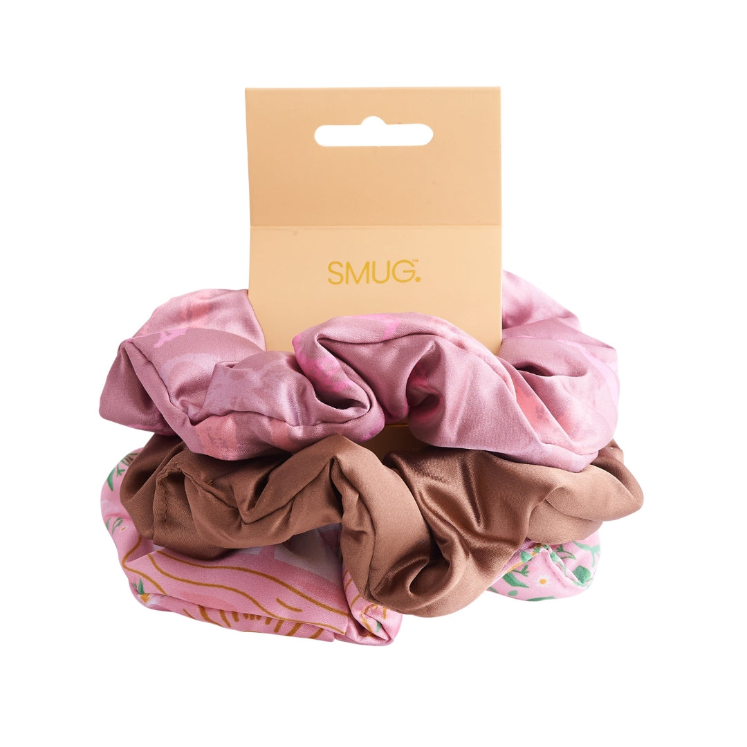 Cloud Satin Hair Scrunchie Set (set of 3), Mocha Swans
