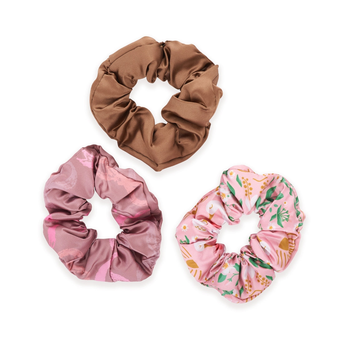 Cloud Satin Hair Scrunchie Set (set of 3), Mocha Swans