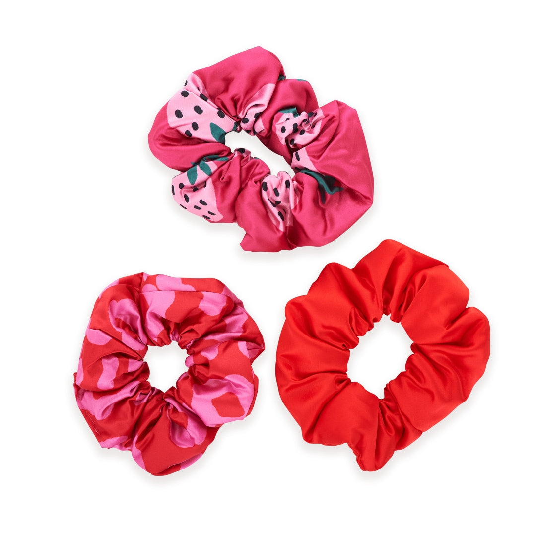 Cloud Satin Hair Scrunchie Set (set of 3), Strawberry Leopard