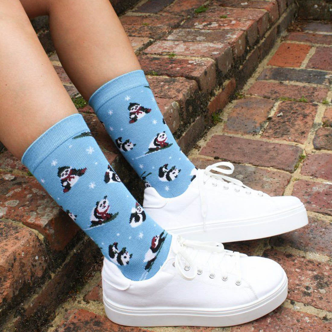 Blue Skiing Panda Bamboo-Blend Socks