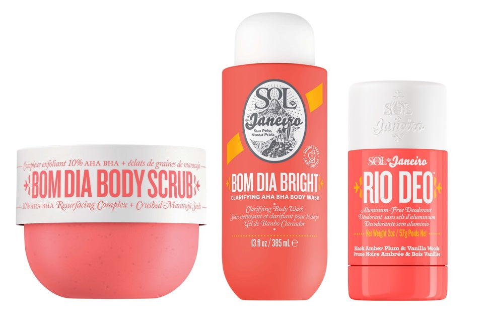 Sol de Janeiro Bom Dia Bright Bundle, Body Scrub (220g) + Body Wash (385ml) + Rio Deo Cheirosa 40 (57ml)