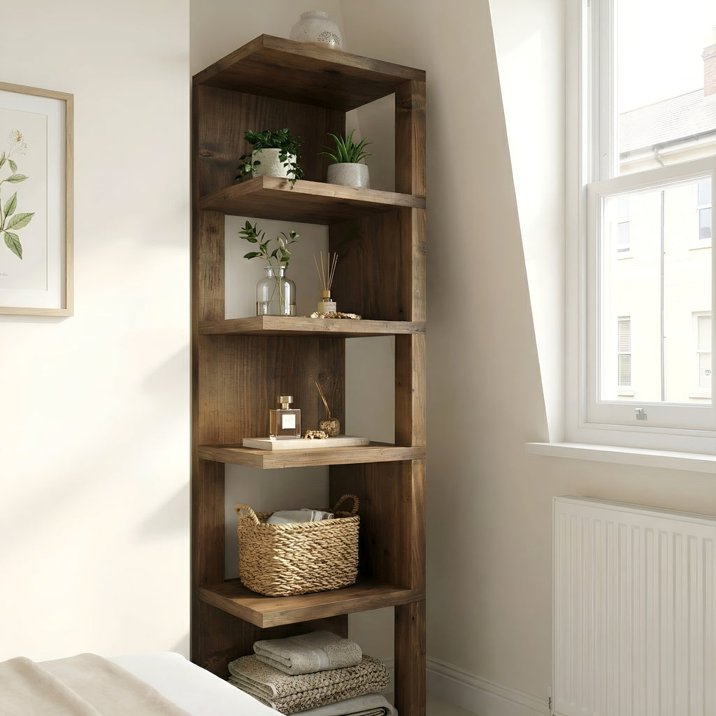 Valora Solid Wood Corner Bookshelf In Walnut Colour – Open Bookcase, Rustic Design